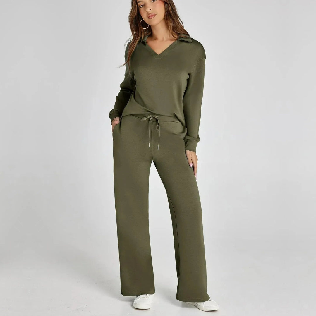 Loungewearset dam med V-ringad sweatshirt och vida mjukisbyxor