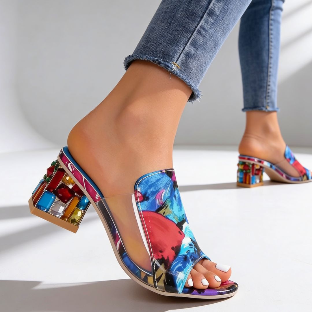 Slip-in-sandaler för dam med strass och blockklack - Peep-toe