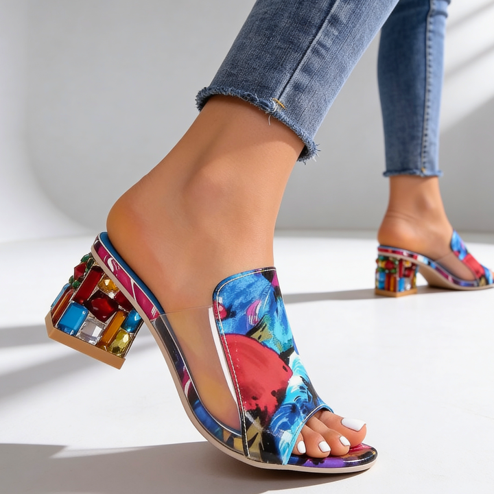 Slip-in-sandaler för dam med strass och blockklack - Peep-toe