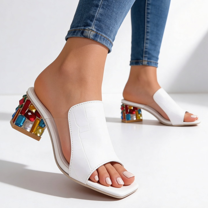 Slip-in-sandaler för dam med strass och blockklack - Peep-toe