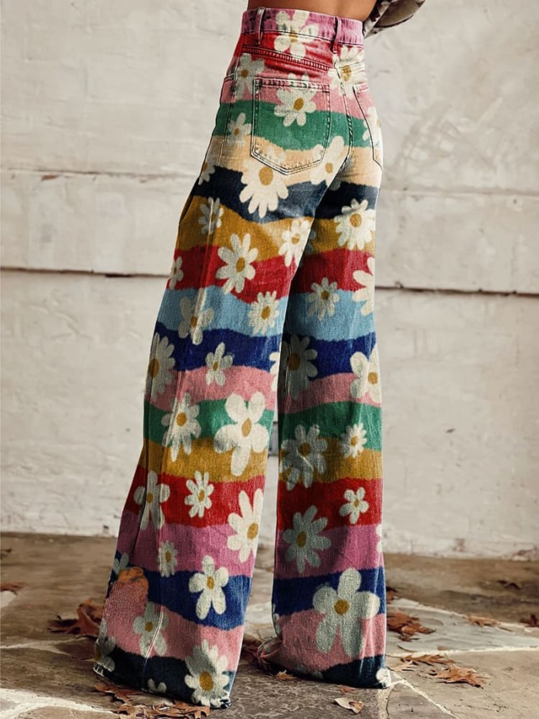 Trendiga retro utsvängda blommiga byxor med hög midja - Mirella
