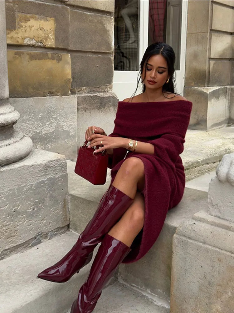Eloah - Off-shoulder plisserad stickad maxiklänning
