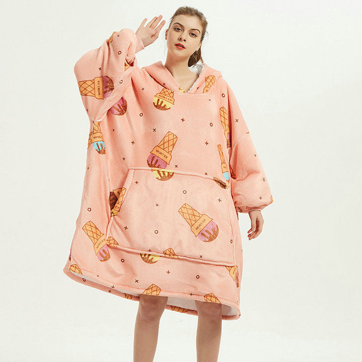 Bärbar filthoodie med glad print, dubbellagers flanell
