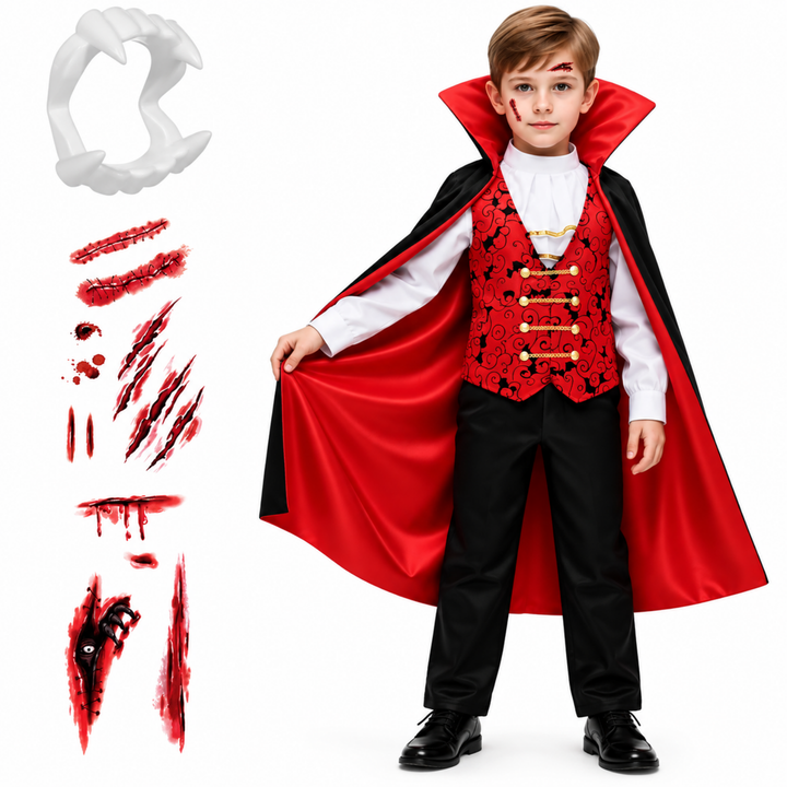 Vampyrkostym set pojke med cape och falska vampyrtänder