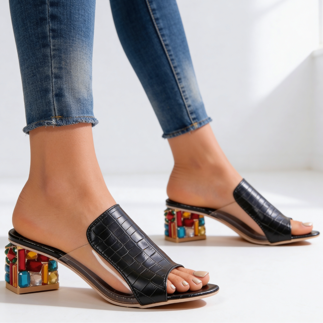Slip-in-sandaler för dam med strass och blockklack - Peep-toe
