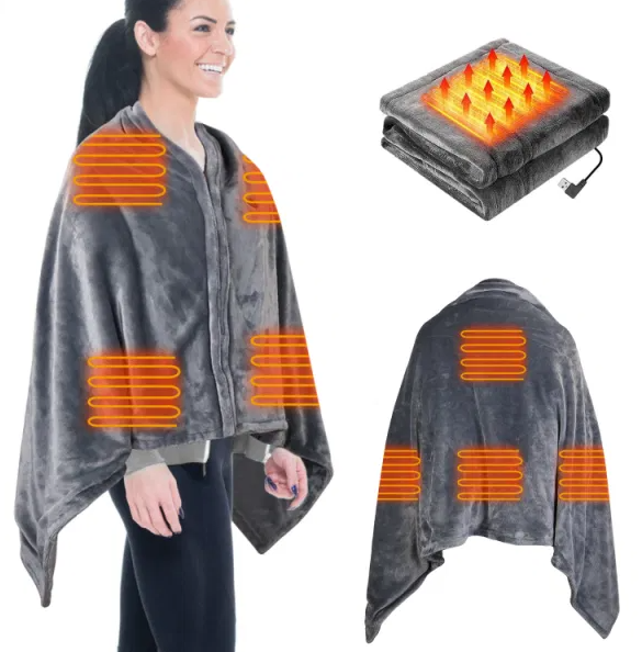 USB-värmeponcho med dragkedja, 150 x 80 cm med 8 zoner och 3 lägen