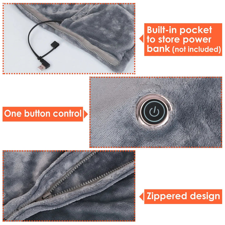 Bärbar USB-filt med dragkedja och fack för powerbank, 3 lägen