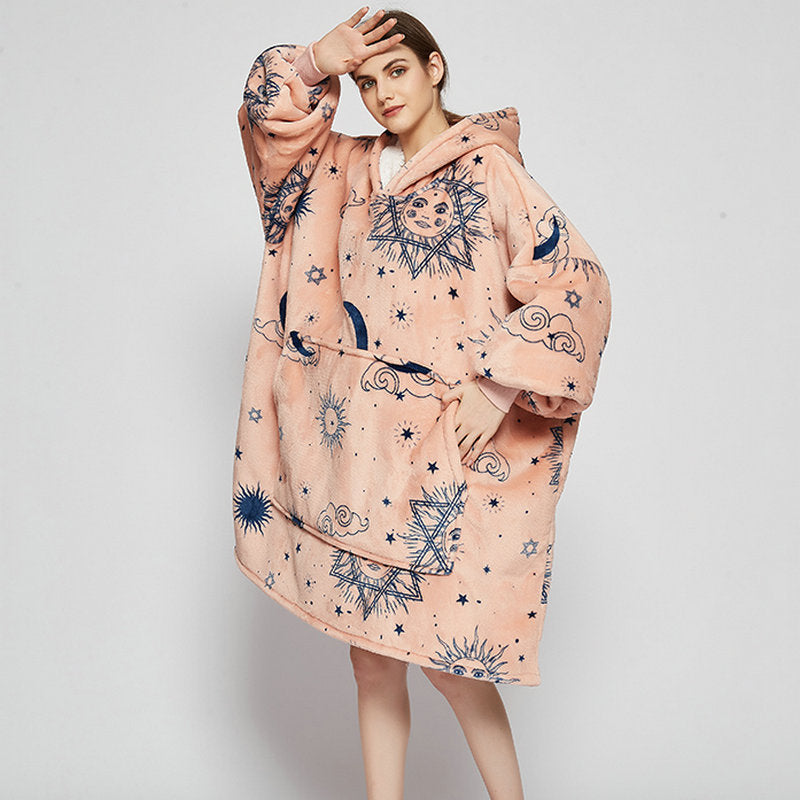 Bärbar filthoodie med glad print, dubbellagers flanell