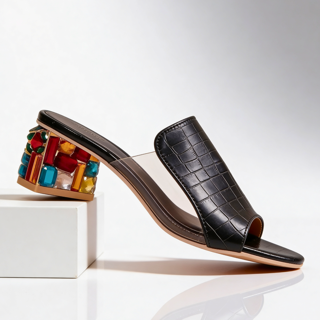 Slip-in-sandaler för dam med strass och blockklack - Peep-toe