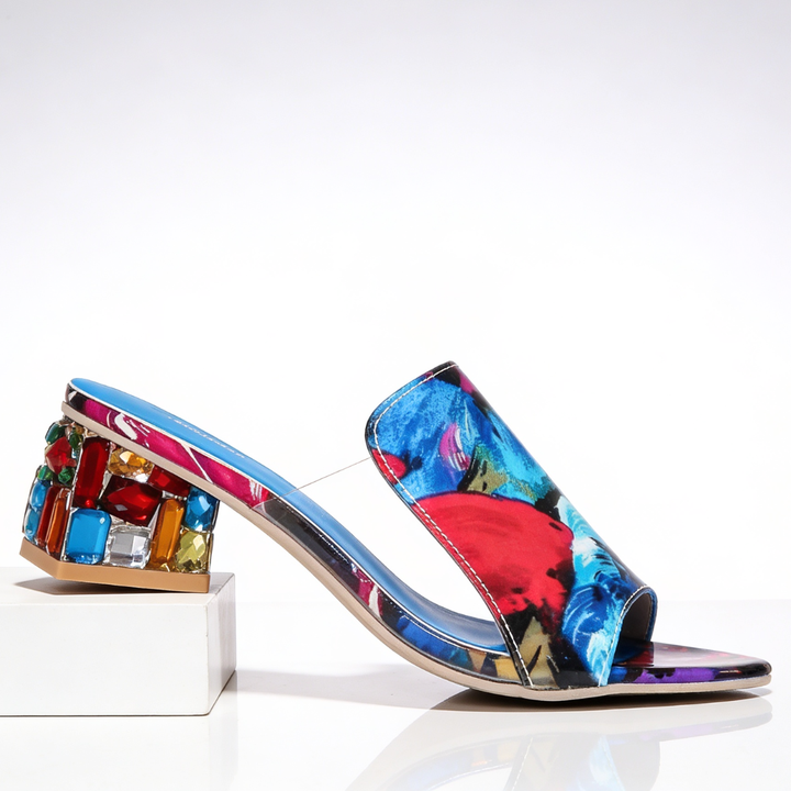Slip-in-sandaler för dam med strass och blockklack - Peep-toe