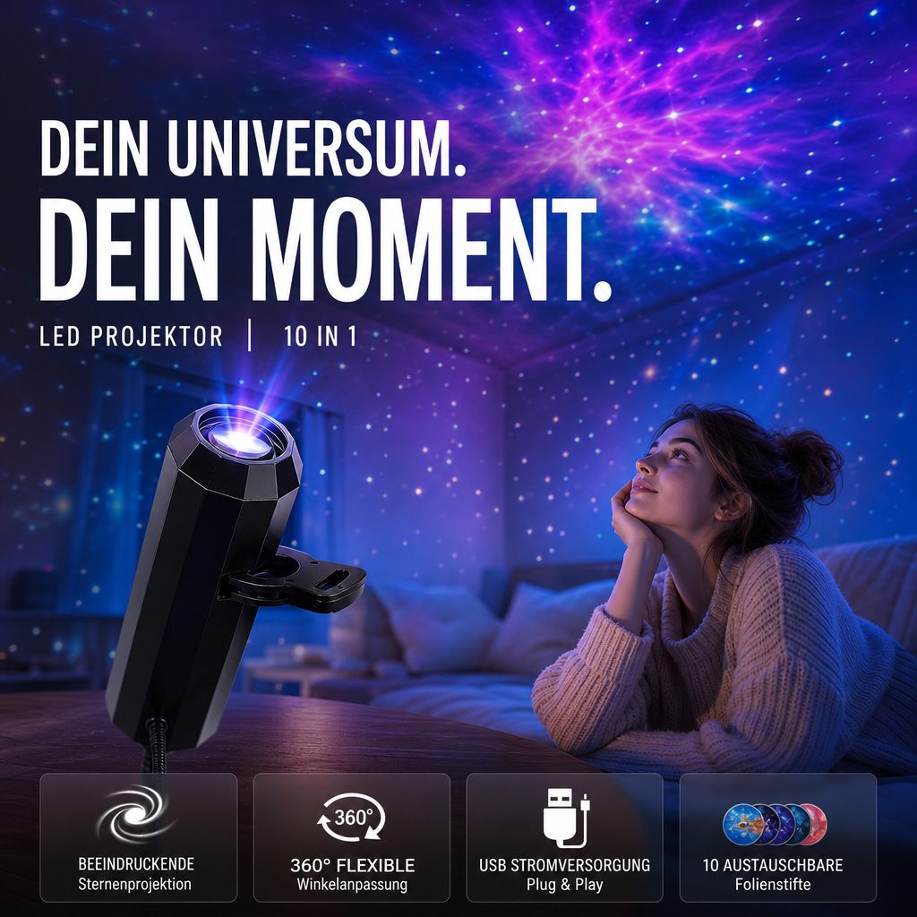 Stjärnprojektor nattlampa med 10 utbytbara bildplattor, USB-driven