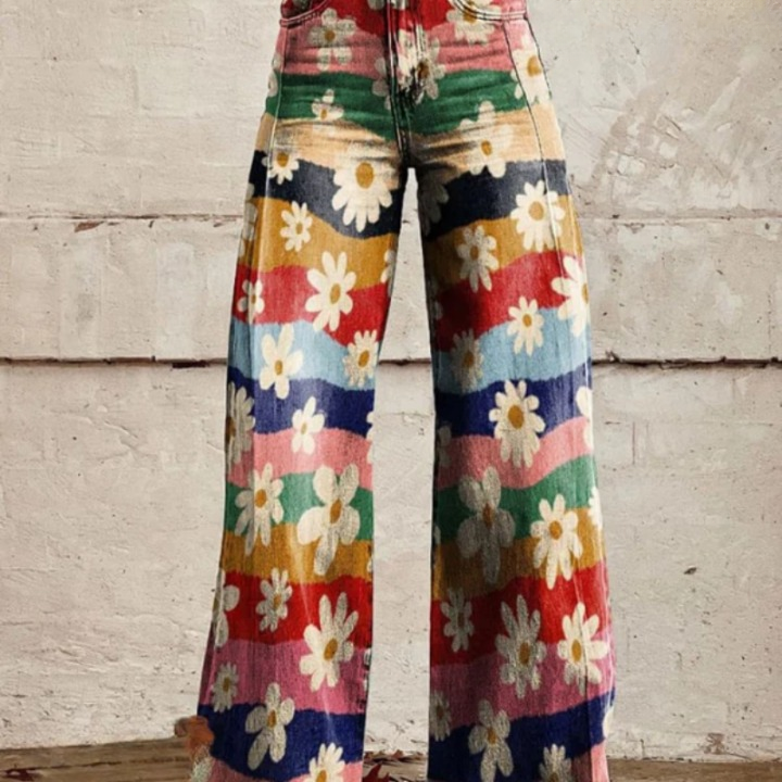 Trendiga retro utsvängda blommiga byxor med hög midja - Mirella