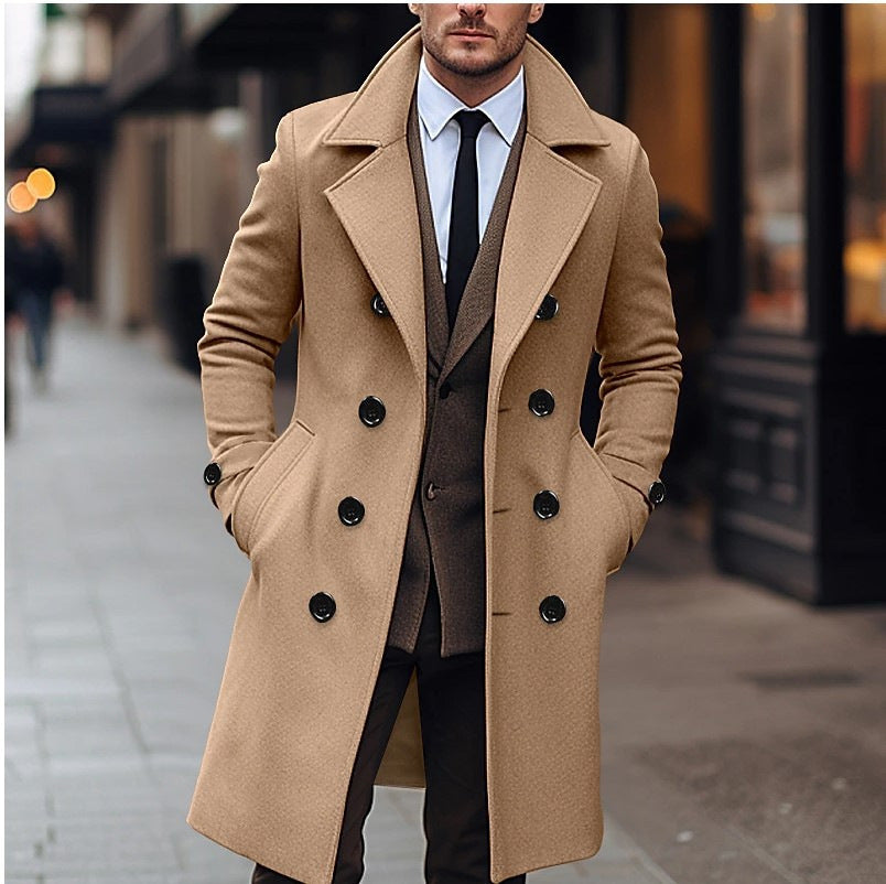 Trenchcoat för herr, dubbelknäppt med fällkrage - Knälång