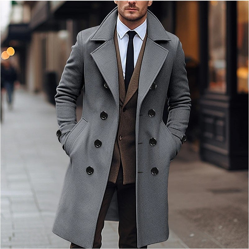 Trenchcoat för herr, dubbelknäppt med fällkrage - Knälång