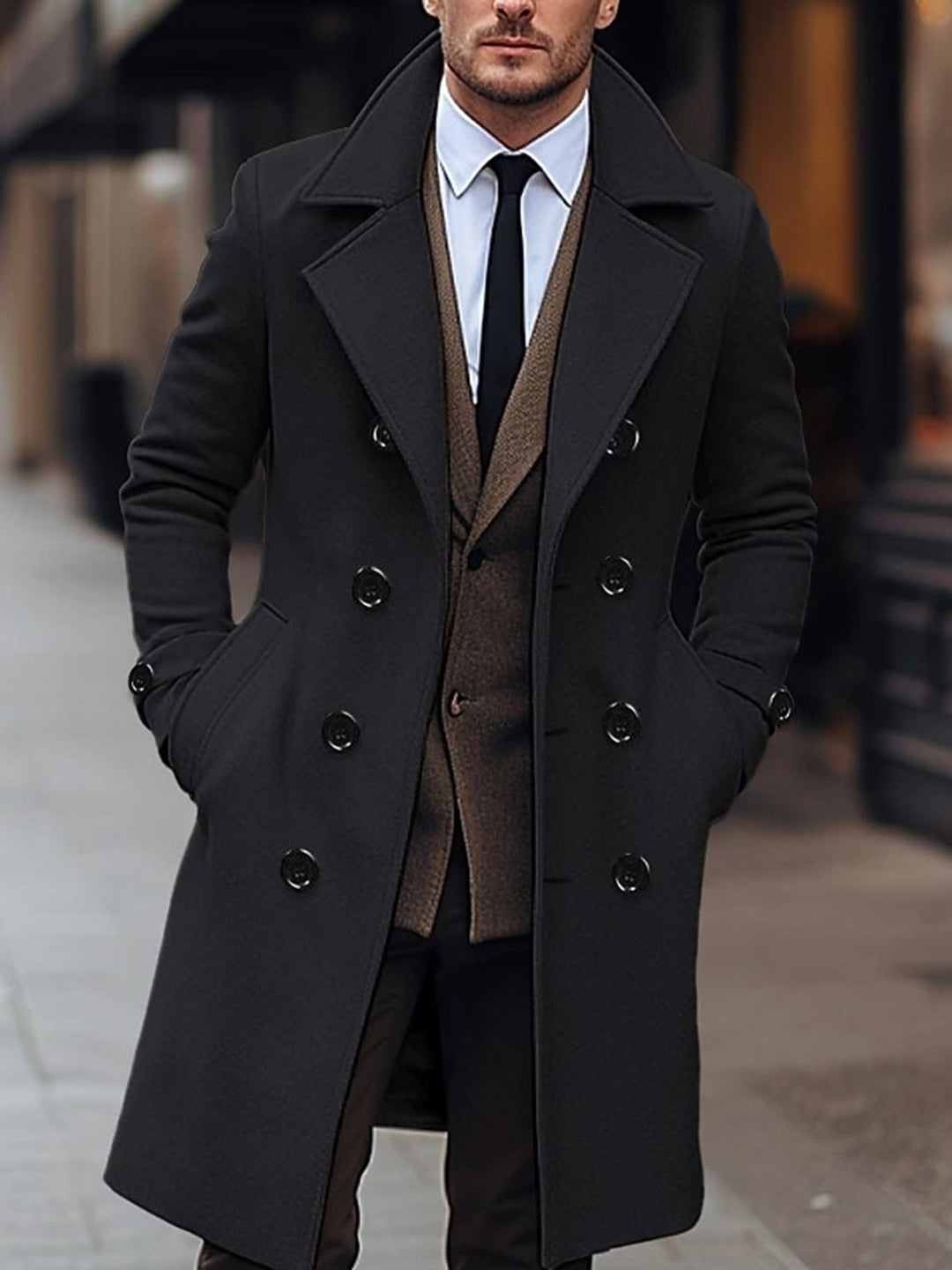 Trenchcoat för herr, dubbelknäppt med fällkrage - Knälång