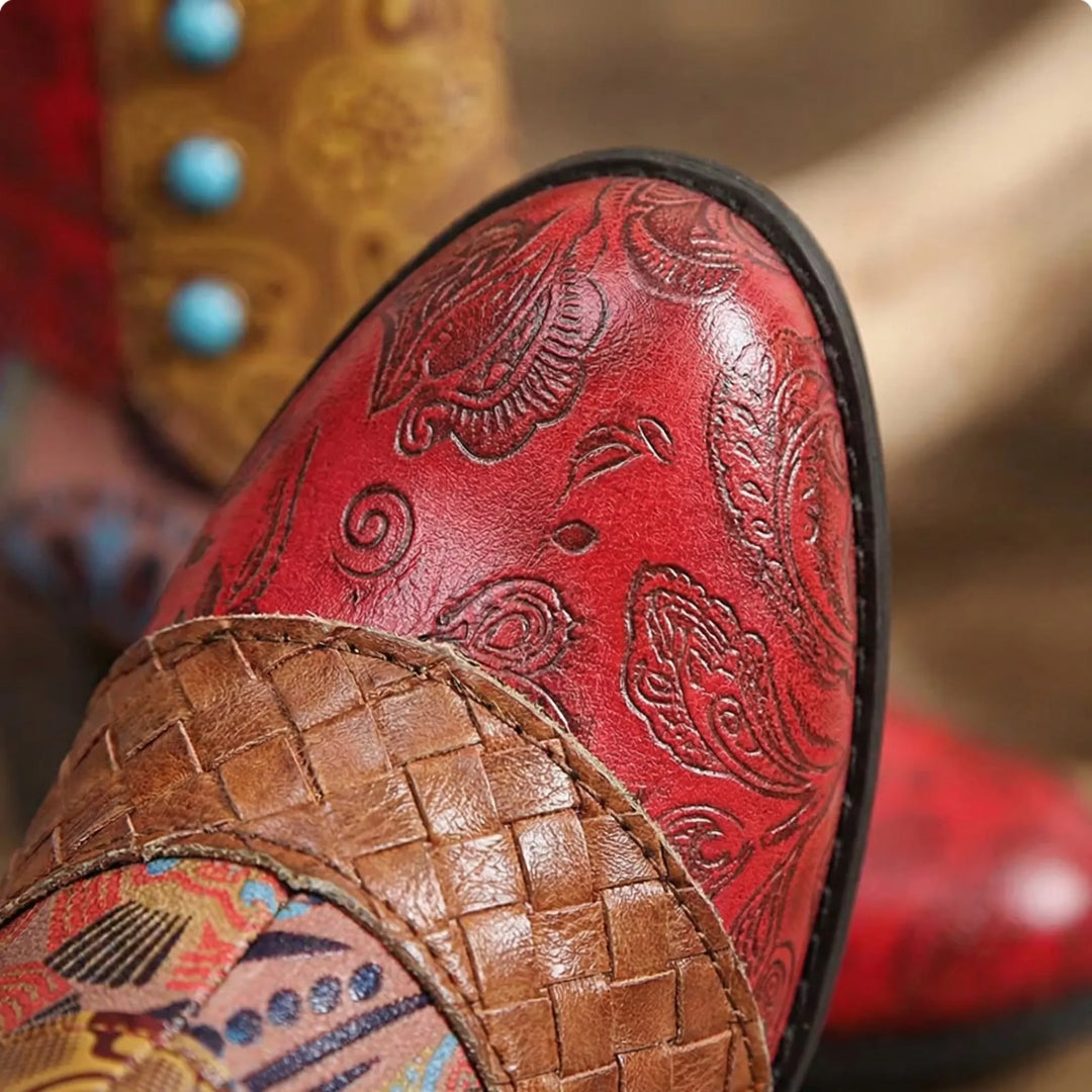 Ankelboots med patchwork, blommor och hög klack - rosa