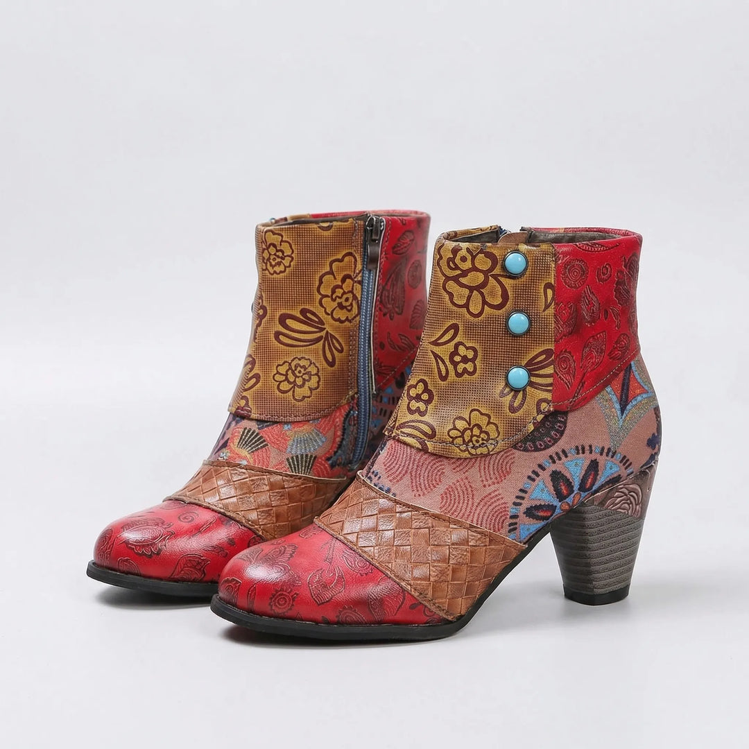 Ankelboots med patchwork, blommor och hög klack - rosa