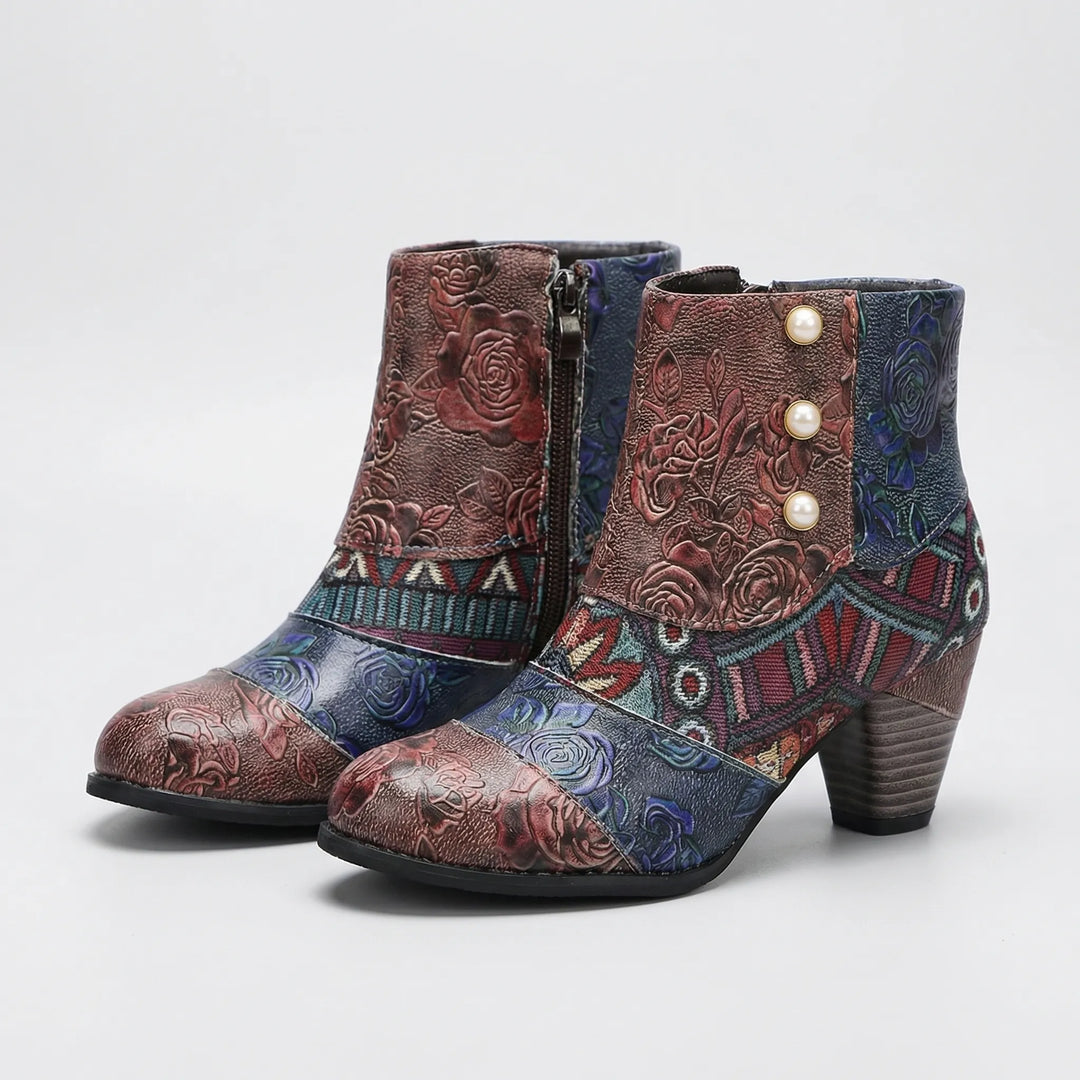 Ankelboots med patchwork, blommor och hög klack - rosa