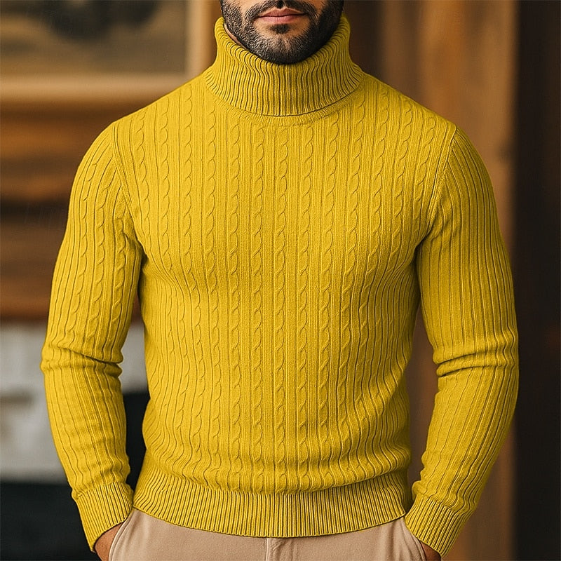 Polotröja herr med kabelmönster - Finstickad pullover