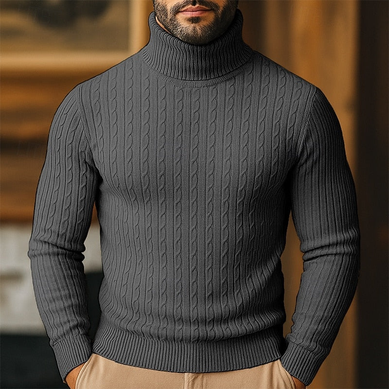 Polotröja herr med kabelmönster - Finstickad pullover
