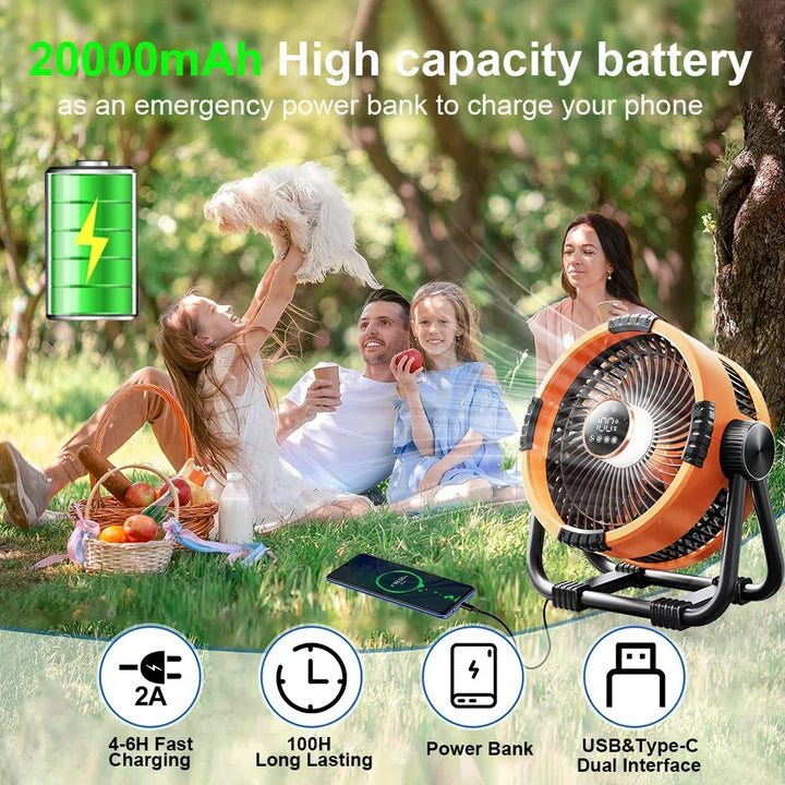Campingfläkt med 20000mAh batteri, LED-lampa & fjärrkontroll – WindMate