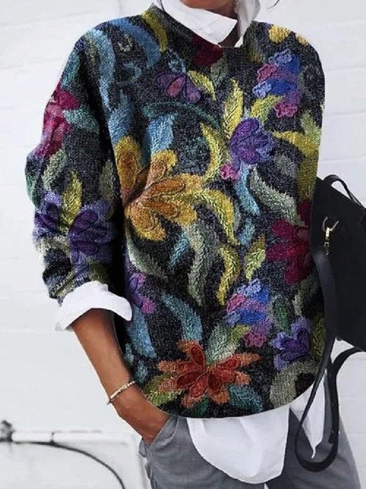 Blommig tröja dam – stickad pullover med mönster