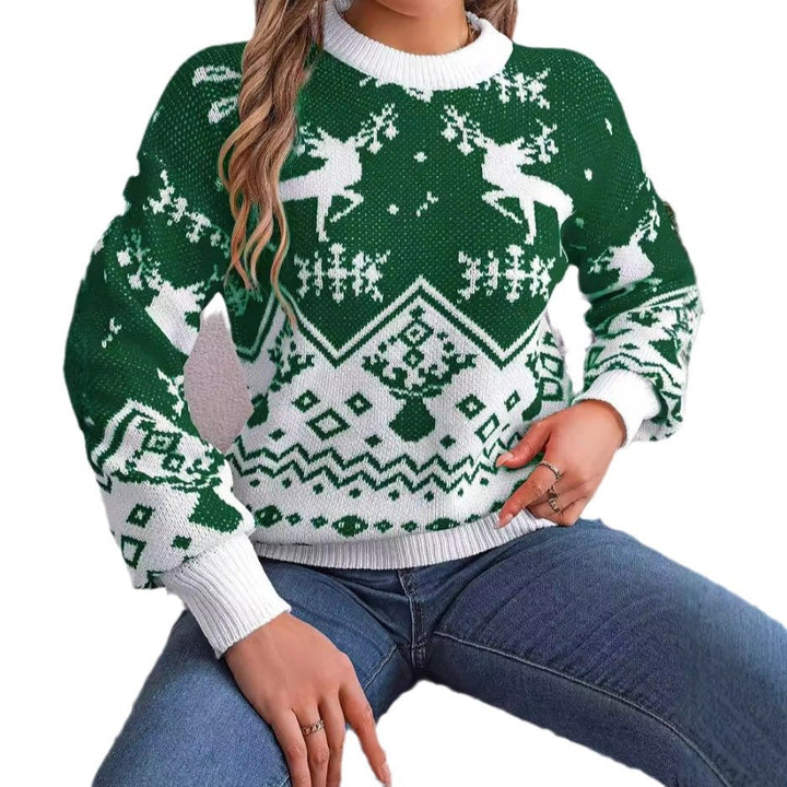 Jultröja med renar och puffärmar för damer – röd eller grön