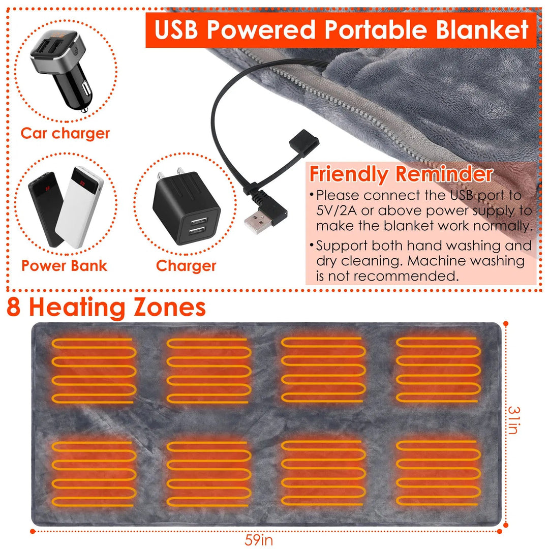 Bärbar USB-filt med dragkedja och fack för powerbank, 3 lägen