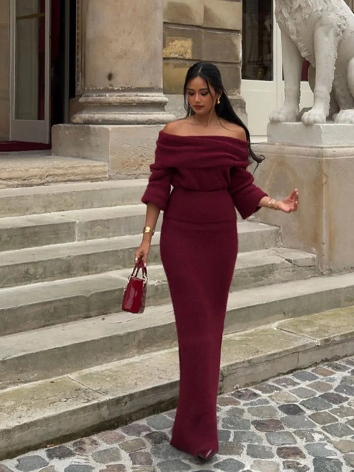 Eloah - Off-shoulder plisserad stickad maxiklänning