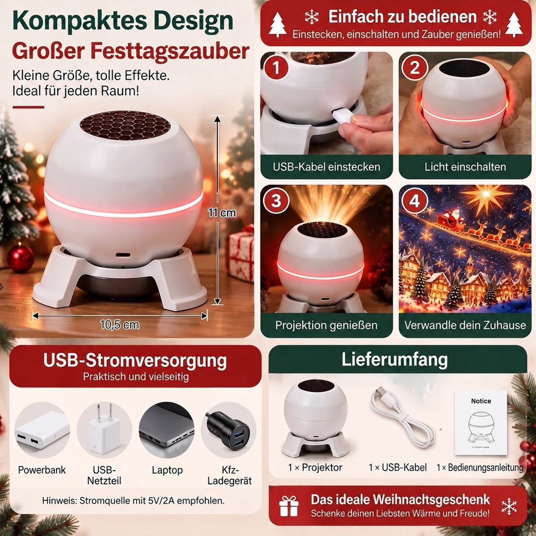 Julljusprojektor med animerade festmönster, USB-driven