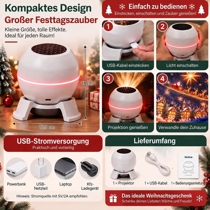 Julljusprojektor med animerade festmönster, USB-driven