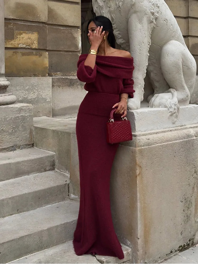 Eloah - Off-shoulder plisserad stickad maxiklänning