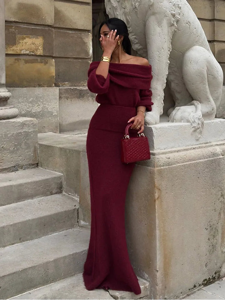 Eloah - Off-shoulder plisserad stickad maxiklänning