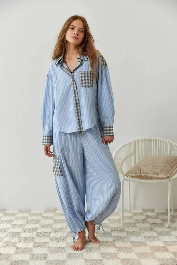 Pyjamasset för dam med knappdetalj och byxor med dragsko