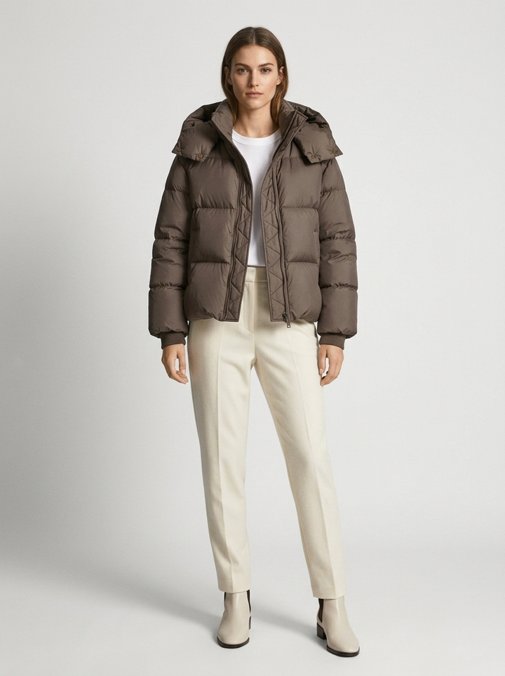 Vinterjacka med huva för dam, oversized, kort quiltad jacka