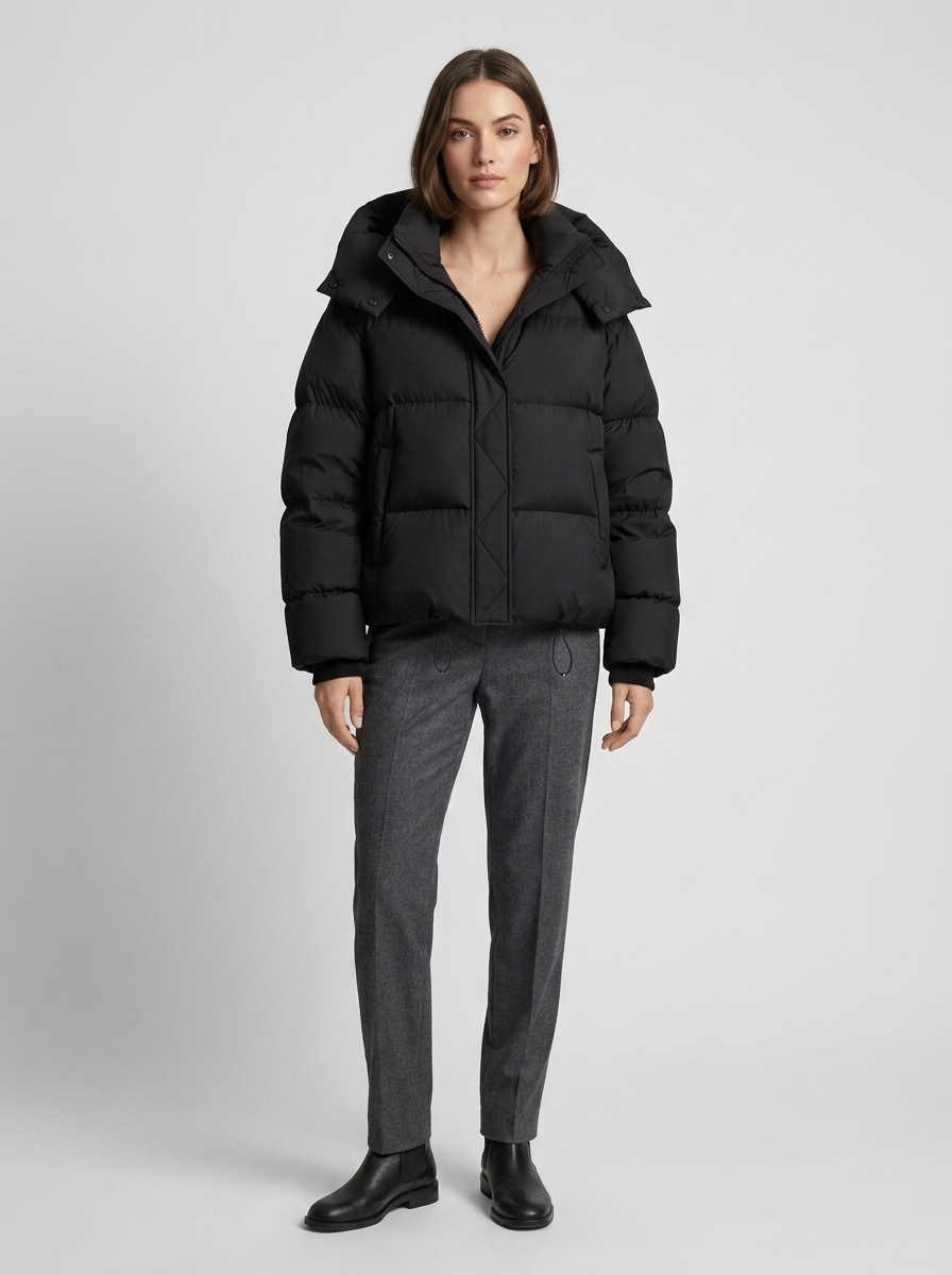 Vinterjacka med huva för dam, oversized, kort quiltad jacka