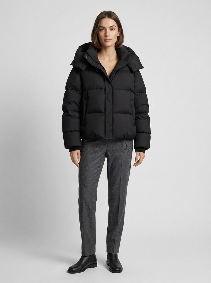 Vinterjacka med huva för dam, oversized, kort quiltad jacka