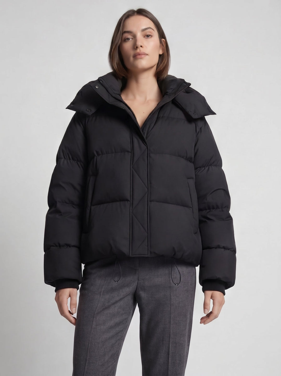 Vinterjacka med huva för dam, oversized, kort quiltad jacka
