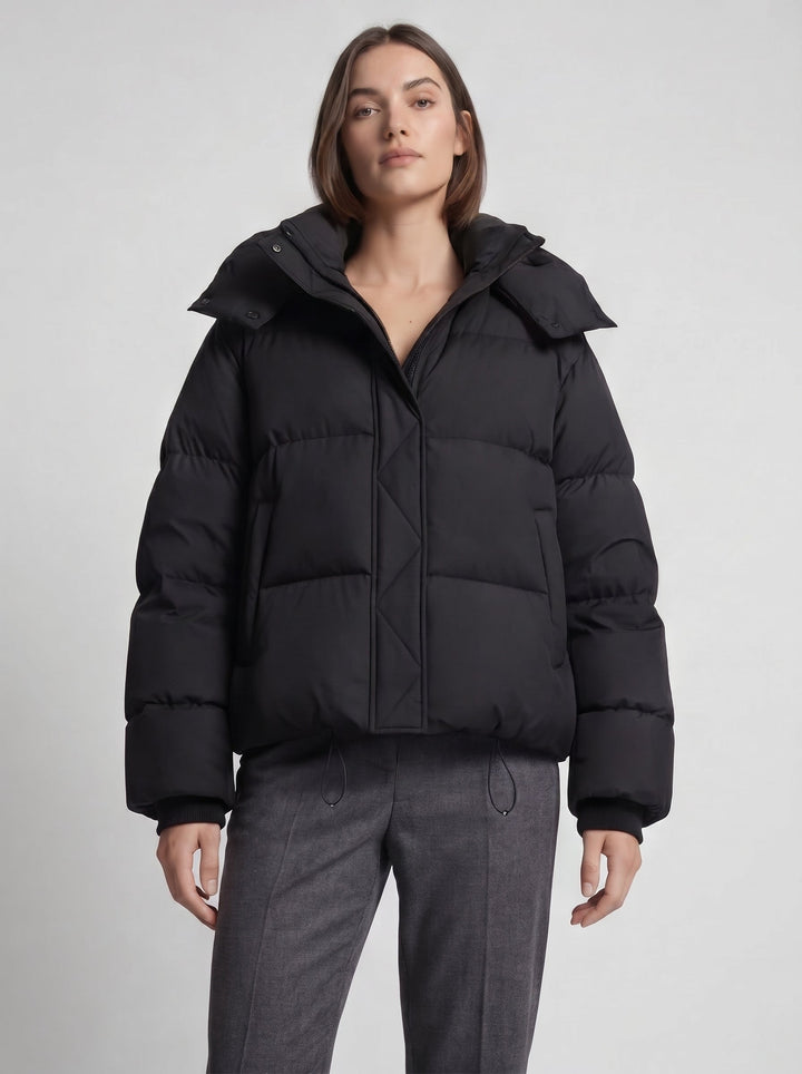 Vinterjacka med huva för dam, oversized, kort quiltad jacka