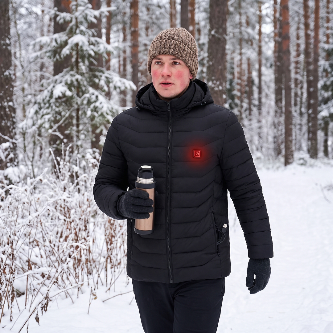 Uppvärmd unisexjacka med 9 värmezoner och avtagbar huva