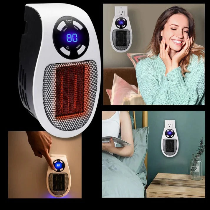 Mini vägguttagsvärmare med display, timer och vridbar kontakt