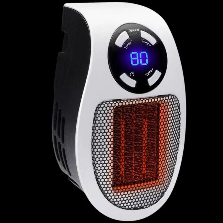 Mini vägguttagsvärmare med display, timer och vridbar kontakt
