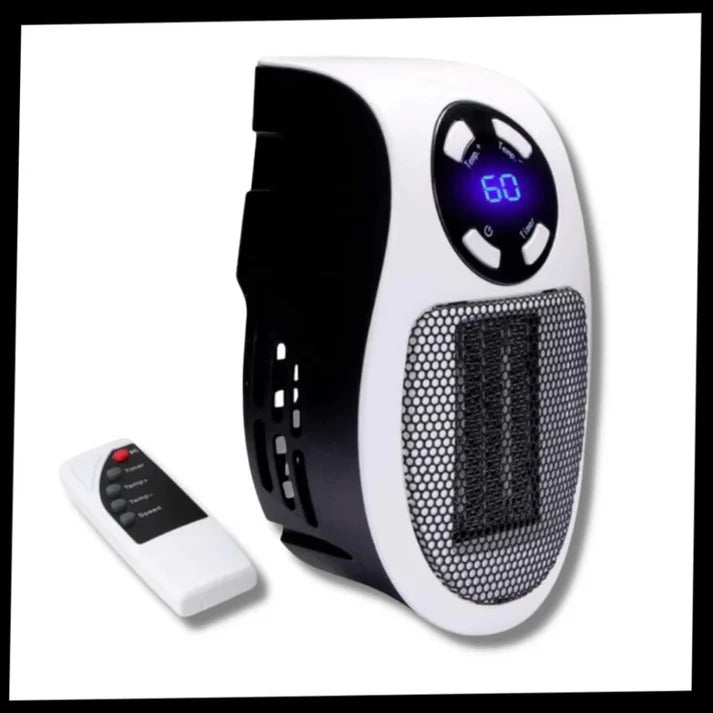 Mini vägguttagsvärmare med display, timer och vridbar kontakt