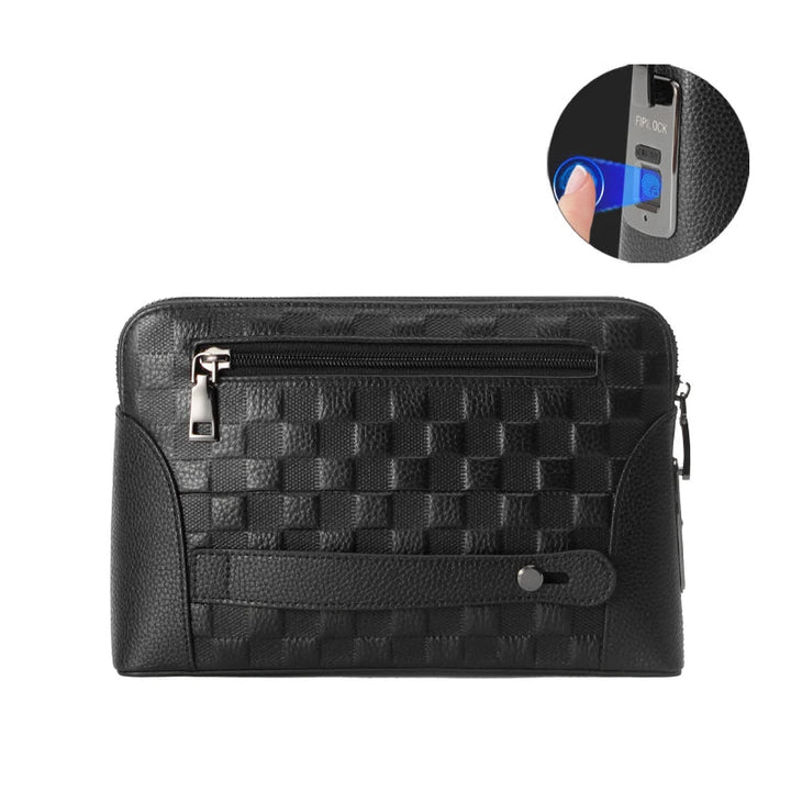 Herrhandväska i läder med fingeravtryckslås – stöldskyddad clutch och plånbok