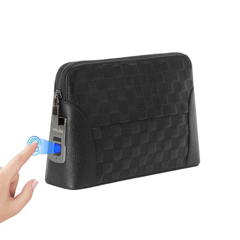 Herrhandväska i läder med fingeravtryckslås – stöldskyddad clutch och plånbok