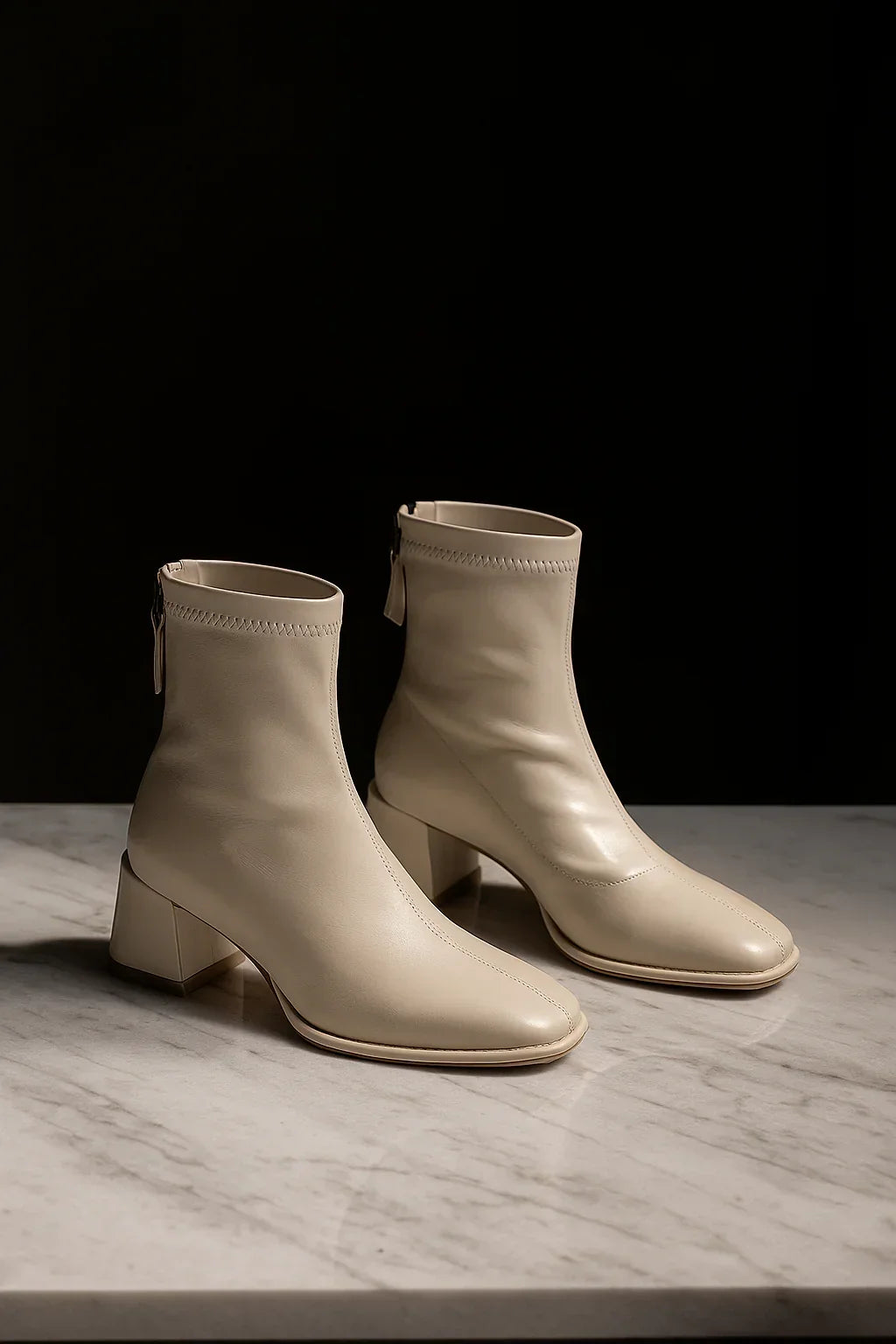 Ankelboots dam i läder med blockklack och fyrkantig tå