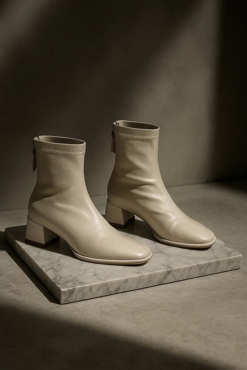 Ankelboots dam i läder med blockklack och fyrkantig tå