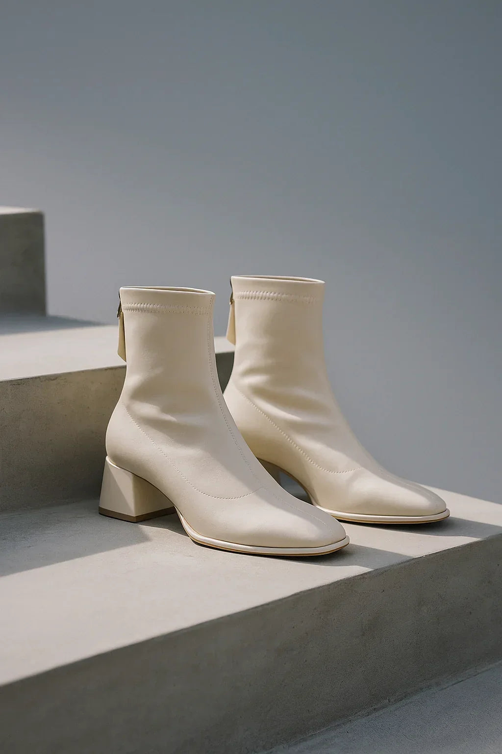 Ankelboots dam i läder med blockklack och fyrkantig tå