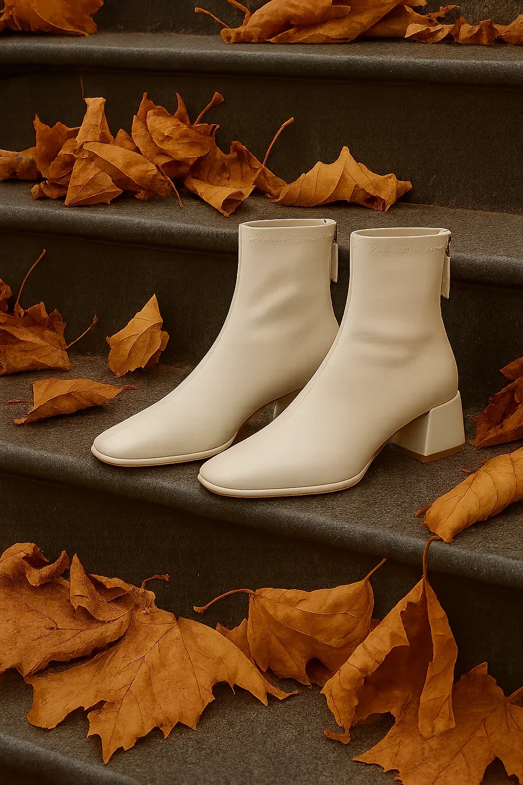 Ankelboots dam i läder med blockklack och fyrkantig tå