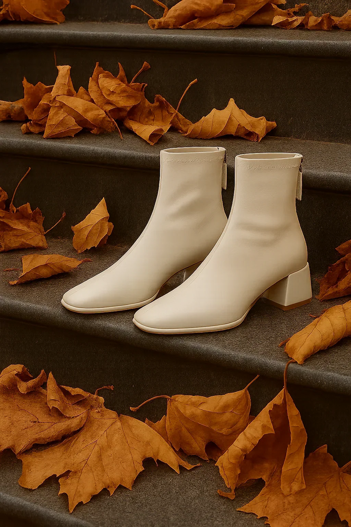 Ankelboots dam i läder med blockklack och fyrkantig tå